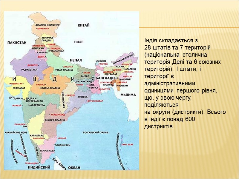 Індія складається з 28 штатів та 7 територій (національна столична територія Делі та 6